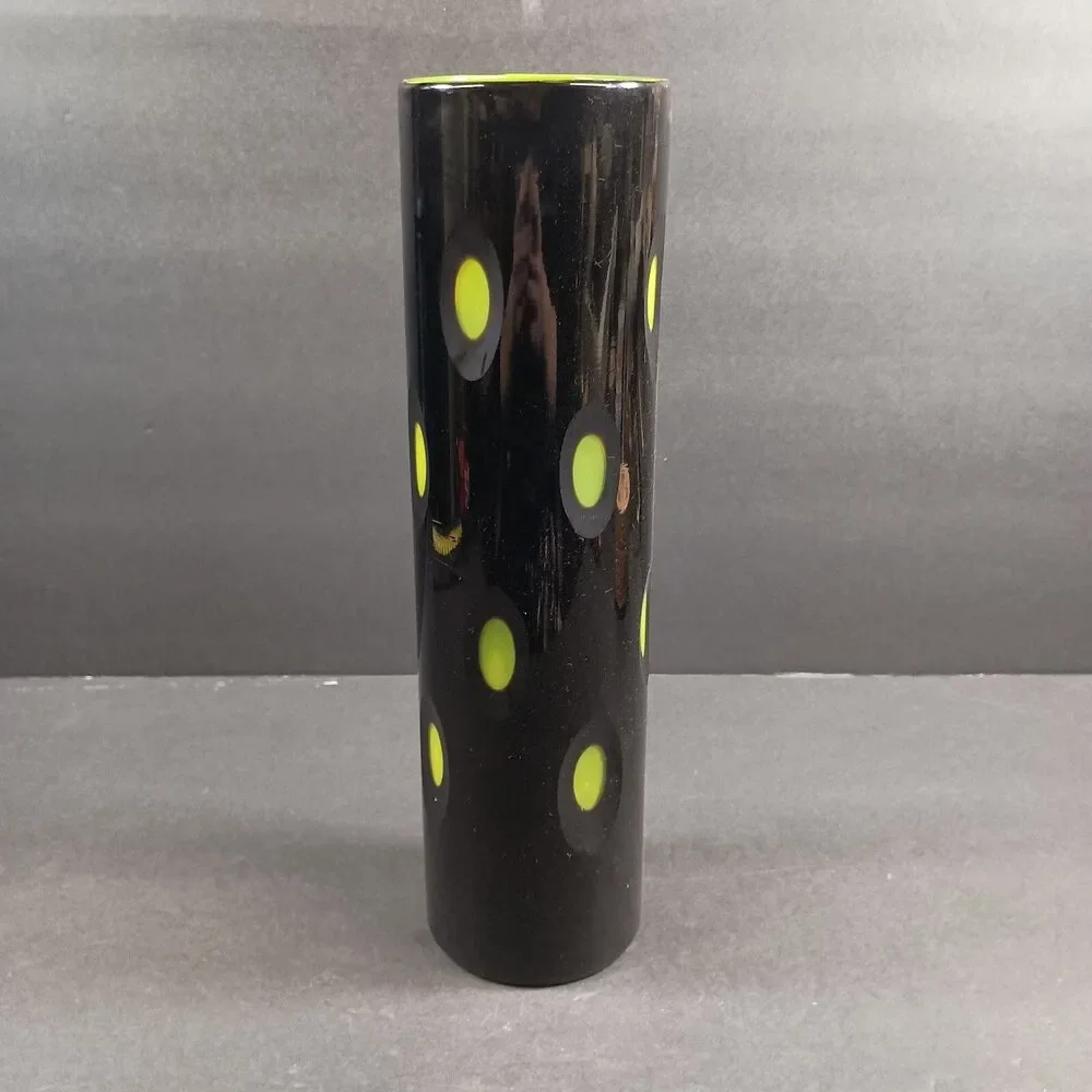 MCM Style Black Glass Vase Cut to Electric Green 13.5” Oval Cased Green Pier 1